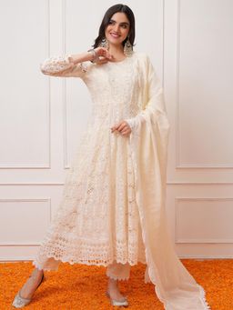 VISHUDH - Women Off White Embroidered Anarkali Kurta with Pant & Dupatta (Set of 3)