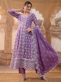 VISHUDH - Women Purple Embroidered Anarkali Kurta with Pant & Dupatta (Set of 3)