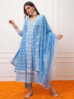 VISHUDH - Women Blue Embroidered Anarkali Kurta with Pant & Dupatta (Set of 3)