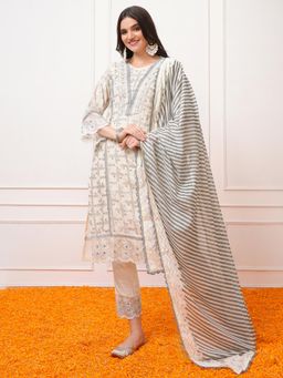 VISHUDH - Women Grey Embroidered Anarkali Kurta with Pant & Dupatta (Set of 3)