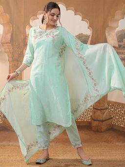 VISHUDH - Women Green Floral Kurta with Pant & Dupatta (Set of 3)