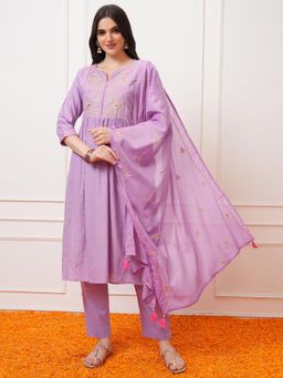 VISHUDH - Women Purple Floral Kurta with Pant & Dupatta (Set of 3)