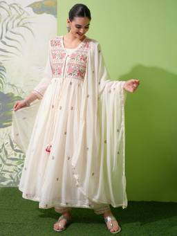 VISHUDH - Women White Floral Anarkali Kurta, Jacket with Pant & Dupatta (Set of 4)