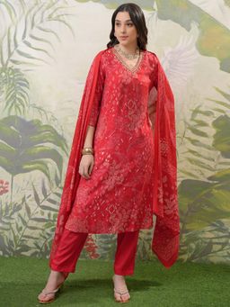 VISHUDH - Women Red Printed Kurta with Pant & Dupatta (Set of 3)