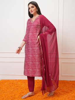 VISHUDH - Women Pink Printed Kurta with Pant & Dupatta (Set of 3)