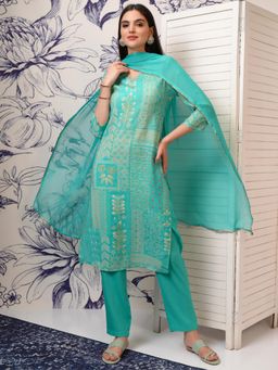 VISHUDH - Women Turquoise Printed Kurta with Pant & Dupatta (Set of 3)