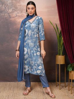 VISHUDH - Women Blue Floral Kurta with Pant & Dupatta (Set of 3)