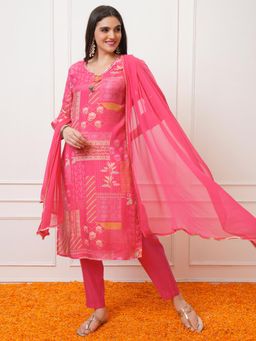 VISHUDH - Women Pink Printed Kurta with Pant & Dupatta (Set of 3)