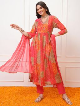 VISHUDH - Women Red Floral Anarkali Kurta with Pant & Dupatta (Set of 3)