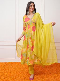 VISHUDH - Women Green Floral Anarkali Kurta with Pant & Dupatta (Set of 3)