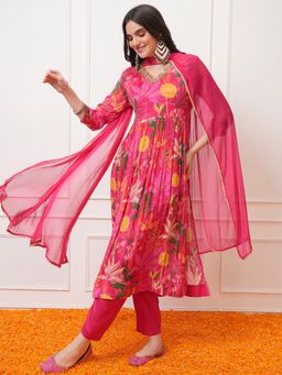 VISHUDH - Women Pink Floral Anarkali Kurta with Pant & Dupatta (Set of 3)