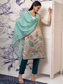 VISHUDH - Women Beige Floral Kurta with Pant & Dupatta (Set of 3)
