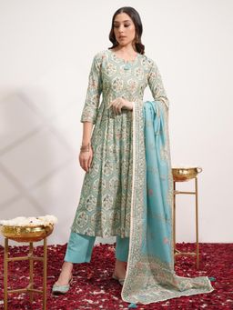 VISHUDH - Women Blue Floral Kurta with Pant & Dupatta (Set of 3)