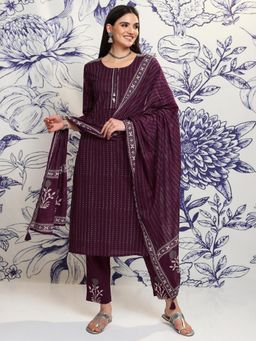 VISHUDH - Women Wine Printed Kurta with Pant & Dupatta (Set of 3)