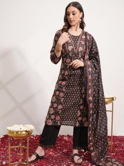 VISHUDH - Women Black Floral Kurta with Pant & Dupatta (Set of 3)