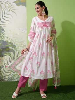 VISHUDH - Women Pink Floral Kurta with Pant & Dupatta (Set of 3)