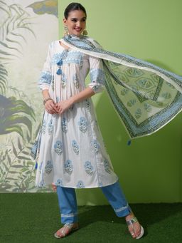 VISHUDH - Women Blue Floral Kurta with Pant & Dupatta (Set of 3)