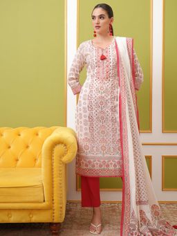 VISHUDH - Women Red Floral Kurta with Pant & Dupatta (Set of 3)