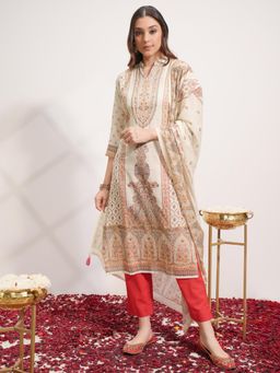 VISHUDH - Women Off White Printed Kurta with Pant & Dupatta (Set of 3)