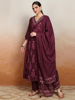 VISHUDH - Women Wine Printed Kurta with Pant & Dupatta (Set of 3)