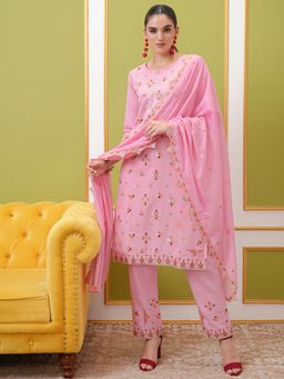 VISHUDH - Women Pink Embroidered Kurta with Pant & Dupatta (Set of 3)