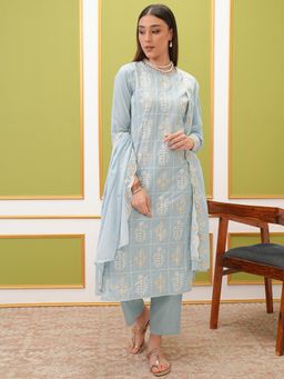 VISHUDH - Women Blue Embroidered Kurta with Pant & Dupatta (Set of 3)