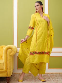 VISHUDH - Women Yellow Embroidered Kurta with Pant & Dupatta (Set of 3)