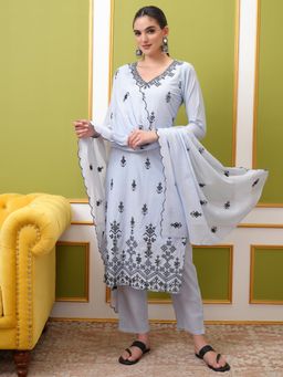 VISHUDH - Women Grey Embroidered Kurta with Pant & Dupatta (Set of 3)