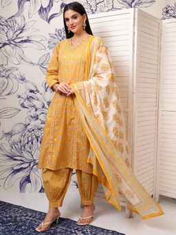 VISHUDH - Women Mustard Printed Kurta with Salwar & Dupatta (Set of 3)