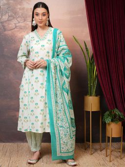 VISHUDH - Women Green Floral Kurta with Salwar & Dupatta (Set of 3)