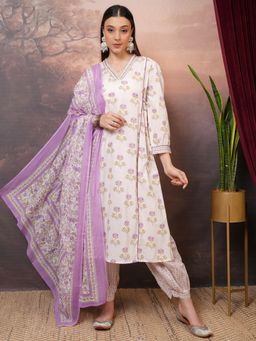 VISHUDH - Women Purple Floral Kurta with Salwar & Dupatta (Set of 3)