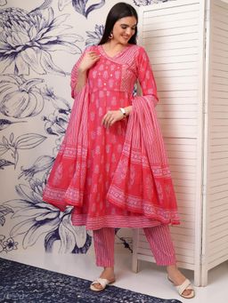 VISHUDH - Women Pink Floral Angrakha Kurta with Pant & Dupatta (Set of 3)