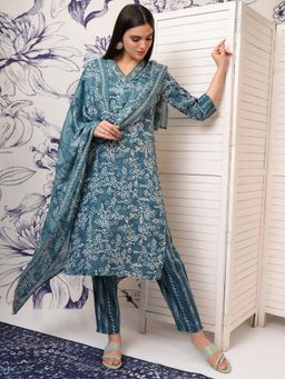 VISHUDH - Women Teal Printed Kurta with Pant & Dupatta (Set of 3)