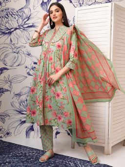 VISHUDH - Women Green Floral Kurta with Pant & Dupatta (Set of 3)