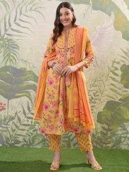 VISHUDH - Women Mustard Floral Kurta with Pant & Dupatta (Set of 3)