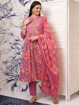 VISHUDH - Women Pink Floral Kurta with Pant & Dupatta (Set of 3)