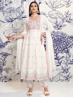 VISHUDH - Women White Embroidered Anarkali Kurta with Pant & Dupatta (Set of 3)