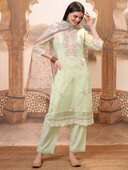 VISHUDH - Women Green Embroidered Kurta with Pant & Dupatta (Set of 3)