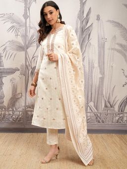 VISHUDH - Women Off White Self Design Kurta with Pant & Dupatta (Set of 3)