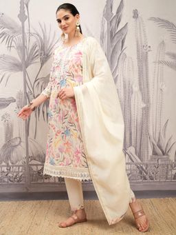 VISHUDH - Women Off White Floral Kurta with Pant & Dupatta (Set of 3)