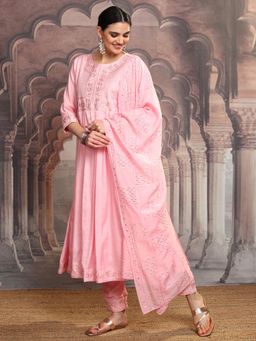 VISHUDH - Women Pink Embroidered Kurta with Pant & Dupatta (Set of 3)