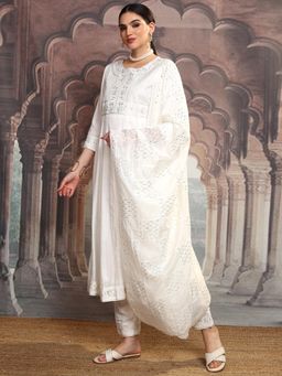 VISHUDH - Women White Embroidered Anarkali Kurta with Pant & Dupatta (Set of 3)