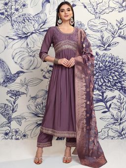 VISHUDH - Women Purple Embroidered Anarkali Kurta with Pant & Dupatta (Set of 3)