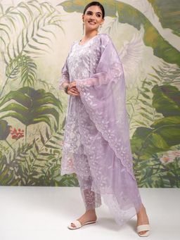 VISHUDH - Women Lavender Floral Kurta with Pant & Dupatta (Set of 3)