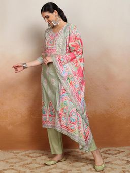 VISHUDH - Women Green Printed Kurta with Pant & Dupatta (Set of 3)