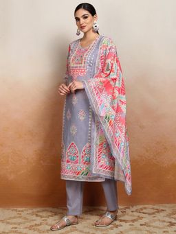VISHUDH - Women Lavender Printed Kurta with Pant & Dupatta (Set of 3)