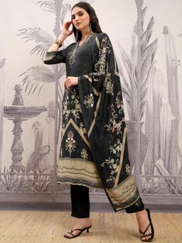 VISHUDH - Women Black Floral Kurta with Pant & Dupatta (Set of 3)