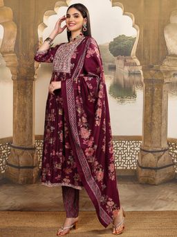 VISHUDH - Women Wine Floral Kurta with Pant & Dupatta (Set of 3)