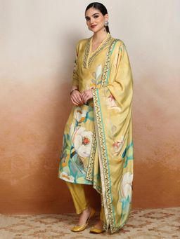 VISHUDH - Women Yellow Floral Kurta with Pant & Dupatta (Set of 3)