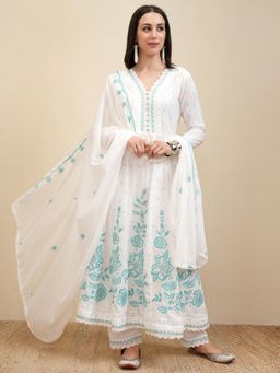 VISHUDH - Women Blue Embroidered Anarkali Kurta with Pant & Dupatta (Set of 3)